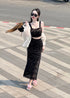 Two Piece Lace Padded Cropped Top With Slit Skirt